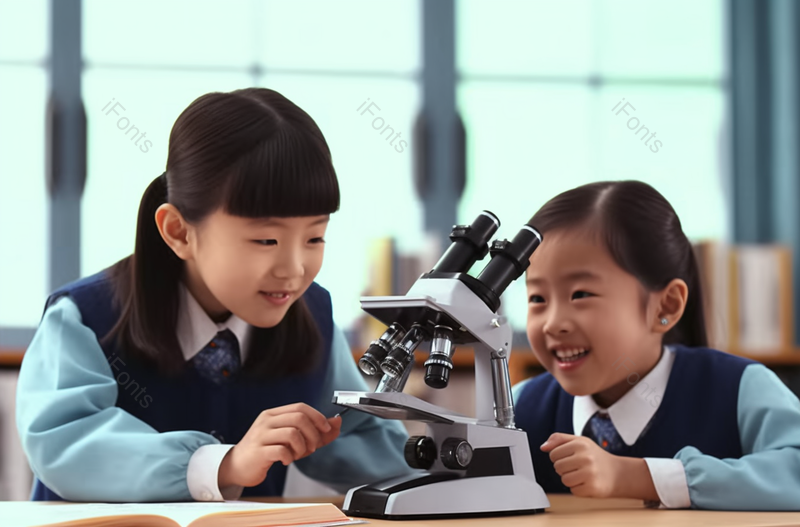 蓝色小学生上课观察显微镜摄像图,高清,摄影图,摄影图片,图片大全,摄影图免费下载